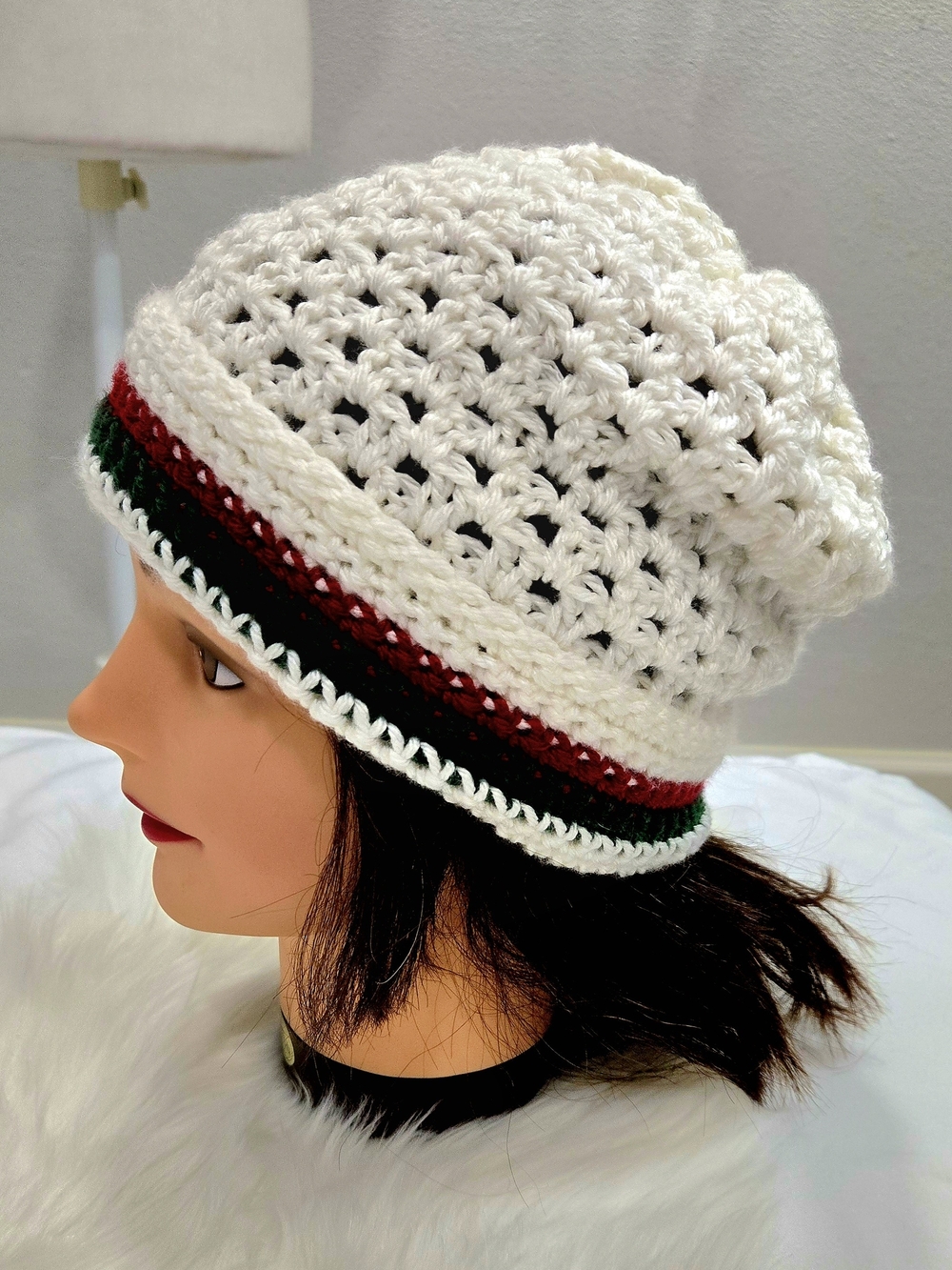 Handmade Cream Crochet Beanie with Red & Green Stripe